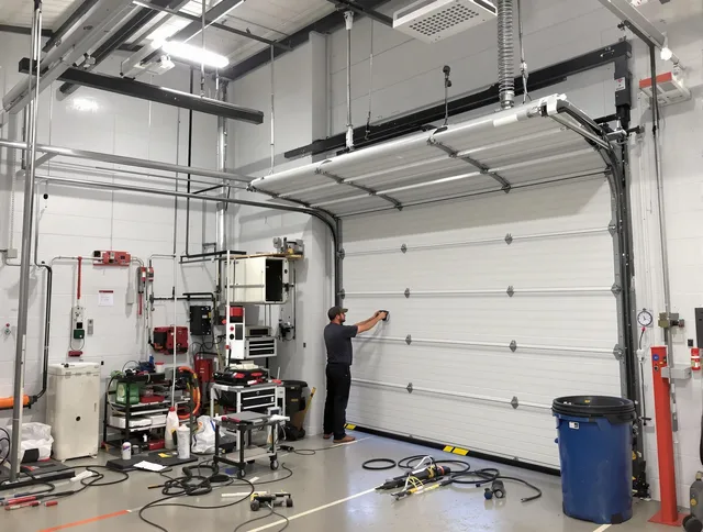 Wrentham Garage Door Repair certified technician performing commercial door repair at a Wrentham business facility