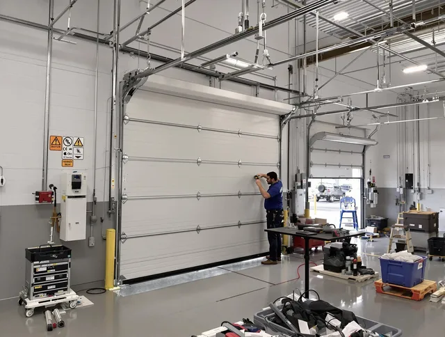Commercial garage door repair being performed by Wrentham Garage Door Repair expert in Wrentham