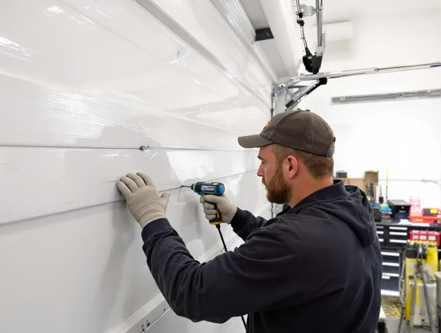 Wrentham Garage Door Repair technician demonstrating precision dent removal techniques on a Wrentham garage door