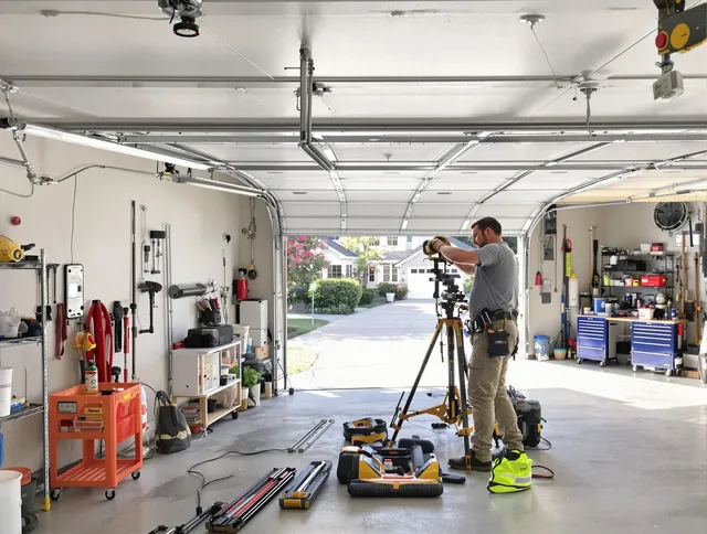 Wrentham Garage Door Repair specialist performing laser-guided track alignment in Wrentham